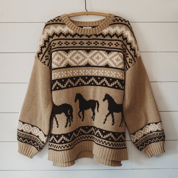 New Horse Aztec Western Native Knit Soft Oversized Sweater Womens - Picture 3 of 6